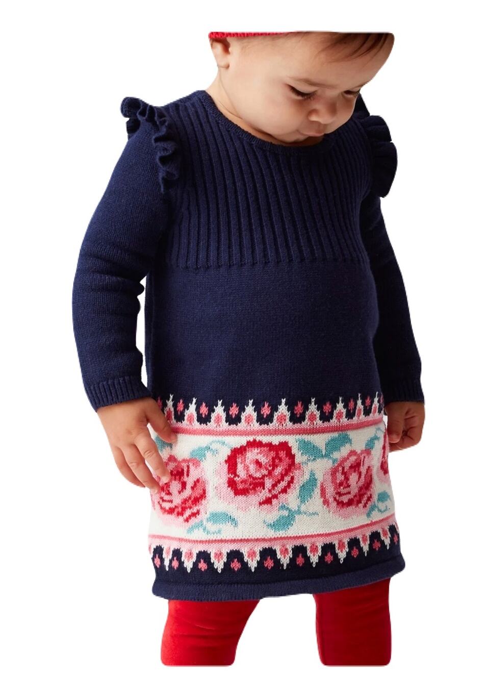 Baby Gap Girls 12-18M Navy Rose Floral Fair Isle Knit Sweater Dress Ruffle